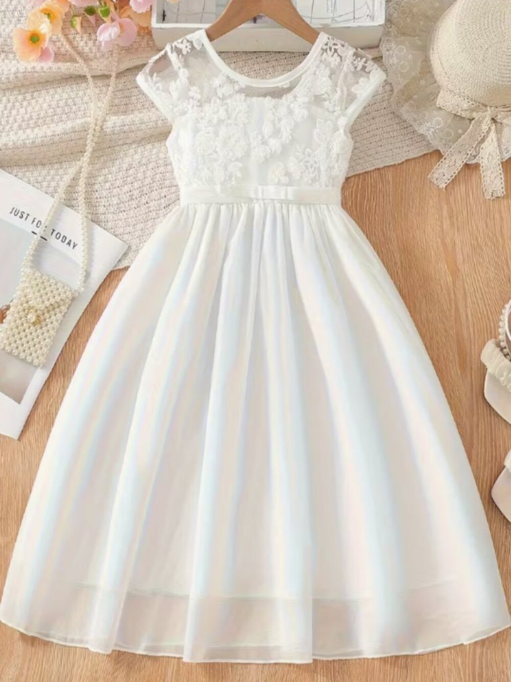 Girls Floral Embroidered White Dress First Communion and Socks